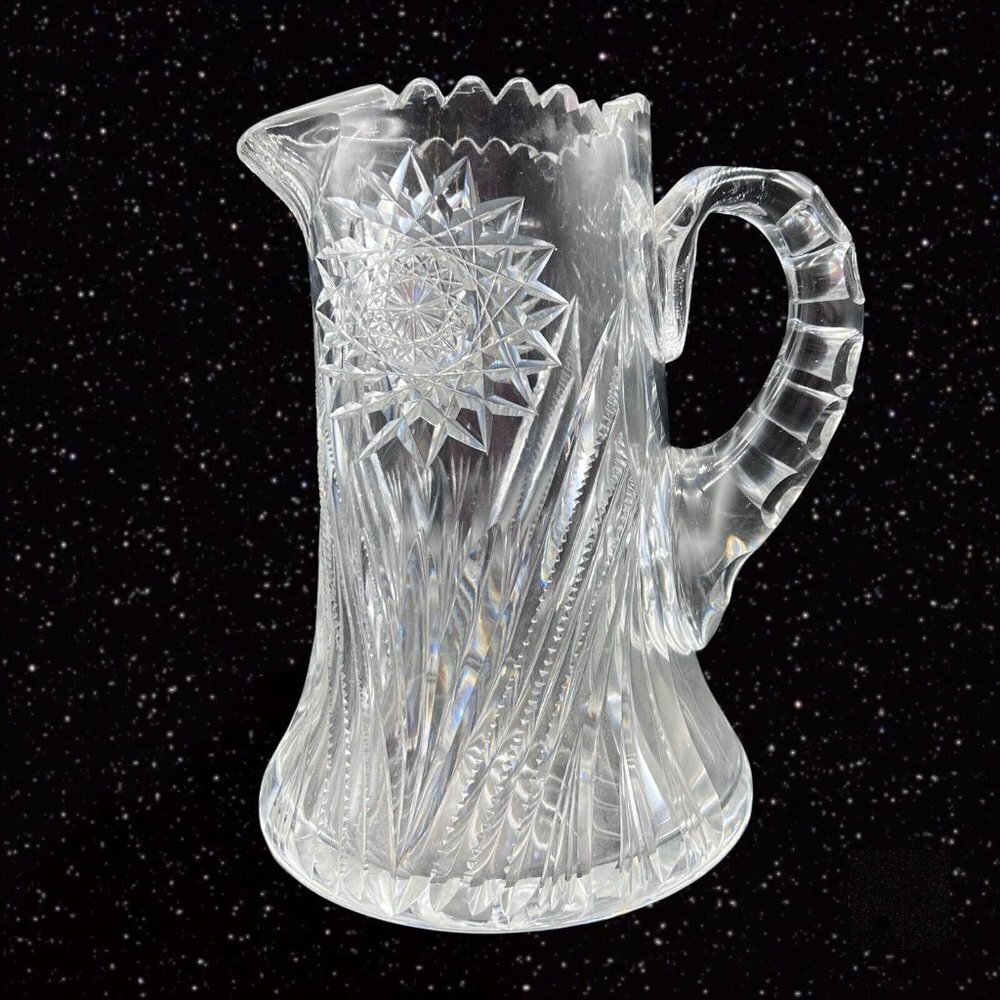 VINTAGE AMERICAN BRILLIANT BEADED‎ CRYSTAL PITCHER CARAFE ART GLASS 8”t 6.5”w